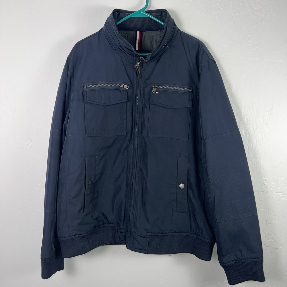 Tommy Hilfiger Performance Warm Bomber Jacket Men XL Navy Blue 6-Pocket Hooded